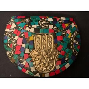 Ramla Clutch Bag Moroccan Mosaic Multi Color Crossbody Gold Hamsa Hand $275